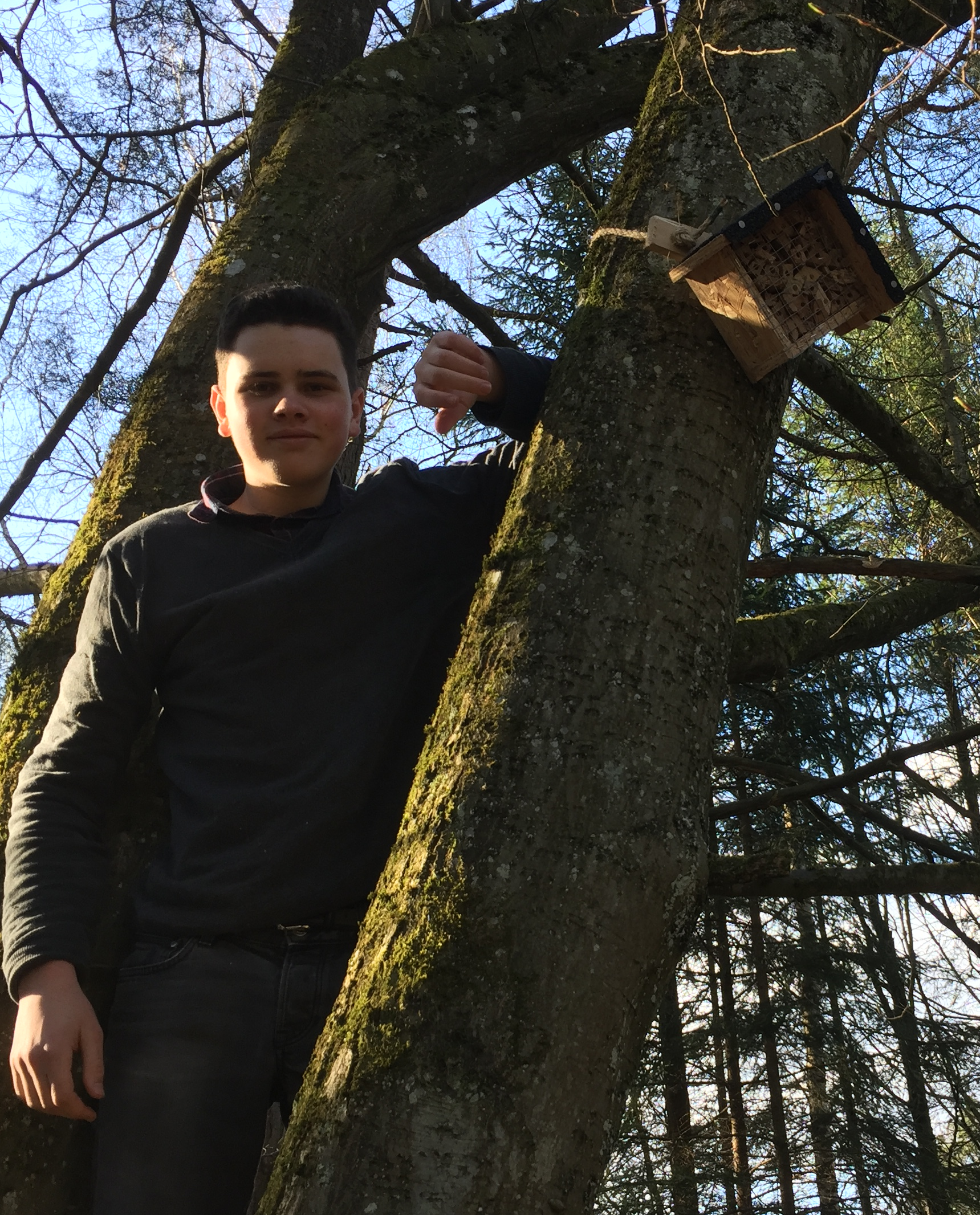 Nicolas stands next to an insect hotel hung as part of his project